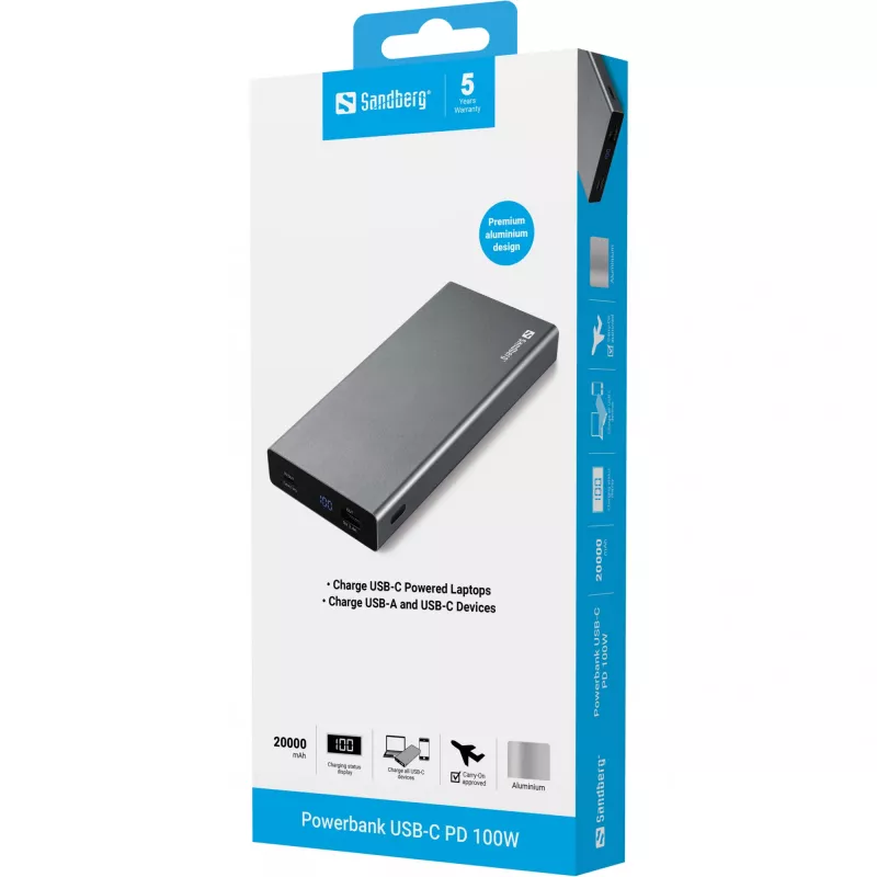 Powerbank Sandberg USB-C PD 100W 20000, 20000 mAh, iões de lítio (Li-Ion), Quick Charge 3.0, 100 W, cinzento