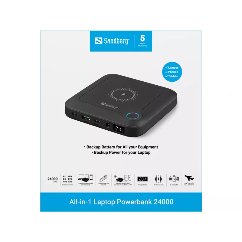 Powerbank para portátil Sandberg All-in1 24000, 24000 mAh, Quick Charge 2.0, carregamento sem fios, preto