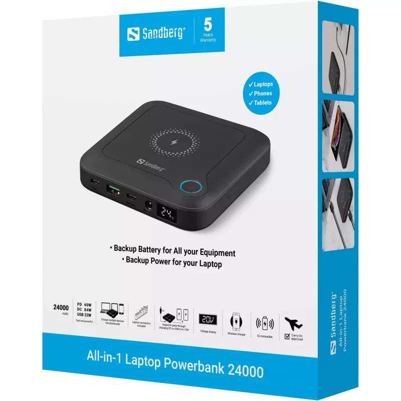 Powerbank para portátil Sandberg All-in1 24000, 24000 mAh, Quick Charge 2.0, carregamento sem fios, preto