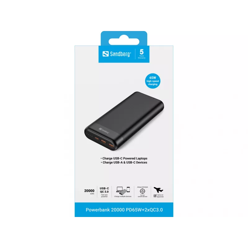 Powerbank Sandberg 20000 PD65W+2xQC3.0, 20000 mAh, iões de lítio (Li-Ion), Quick Charge 3.0, 65 W, preto