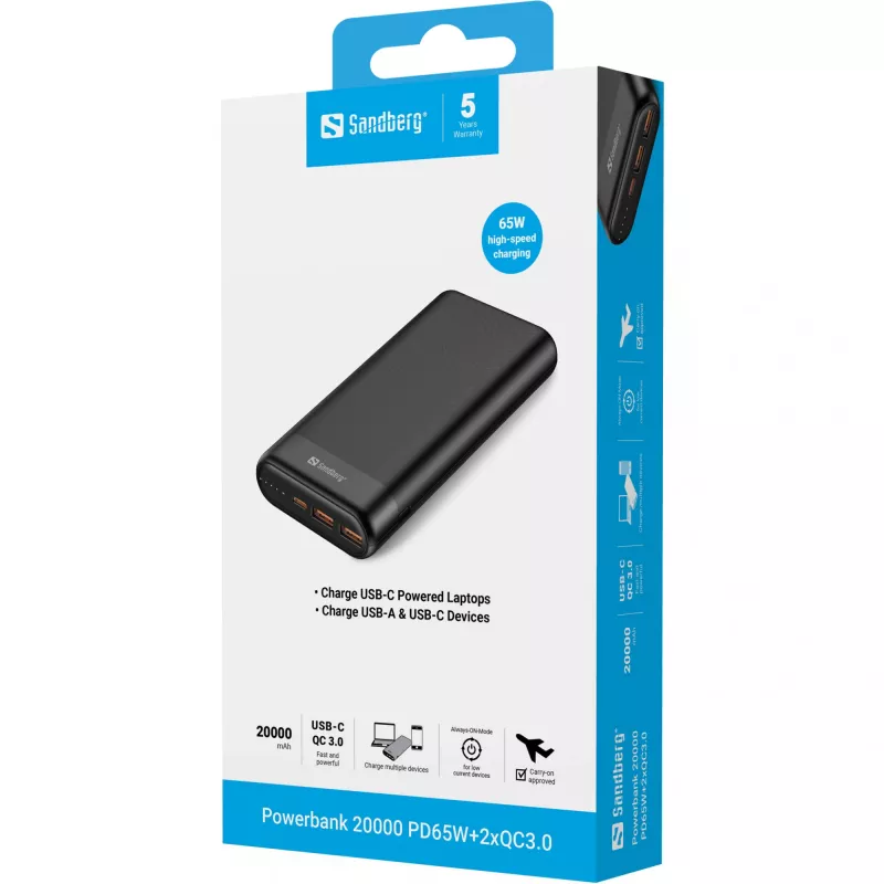 Powerbank Sandberg 20000 PD65W+2xQC3.0, 20000 mAh, iões de lítio (Li-Ion), Quick Charge 3.0, 65 W, preto