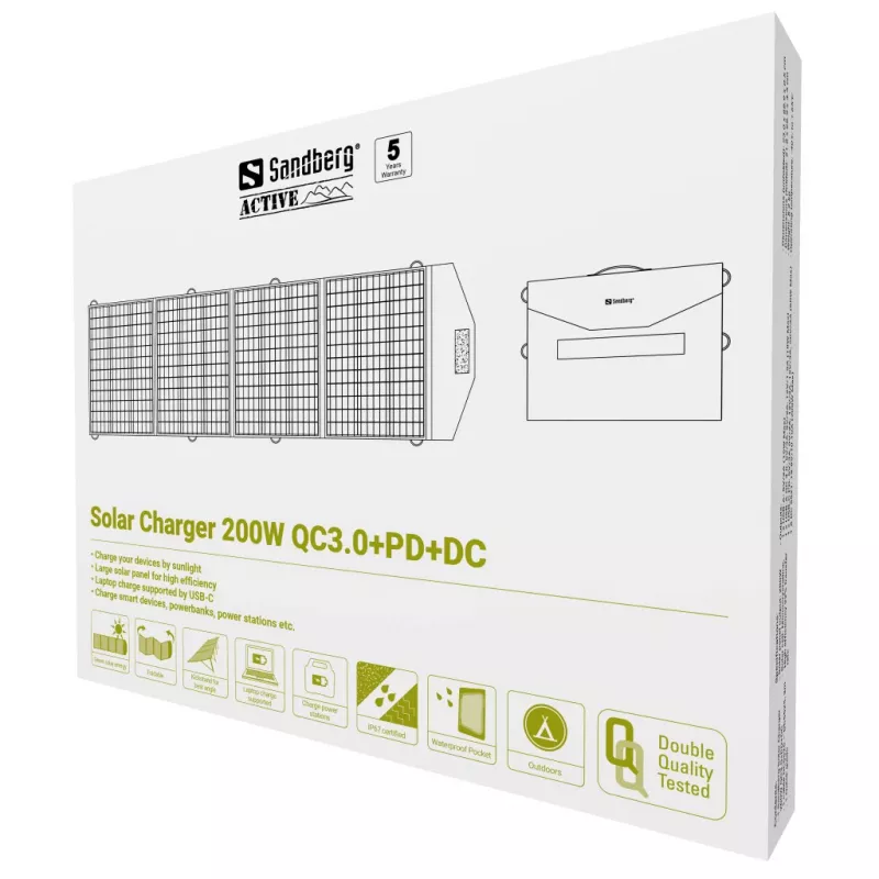 Sandberg 420-82 carregador solar de 200 W, QC3.0+PD+DC, 4 saídas (DC, 2x USB, USB-C)