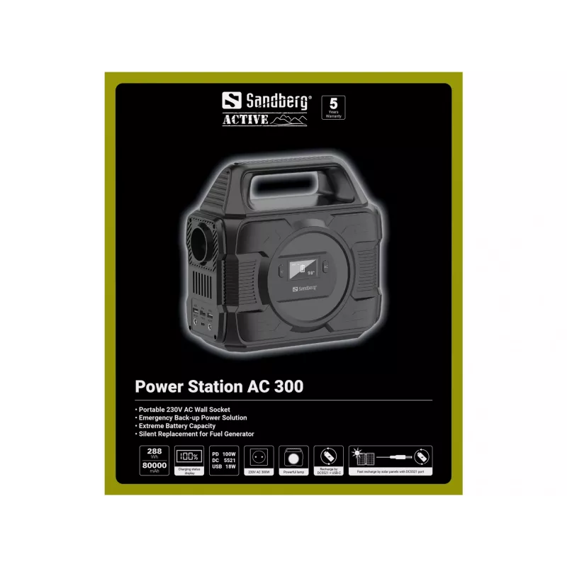 Estação de energia Sandberg AC 300, 80000 mAh, AC, DC, solar, USB, 296 Wh, 300 W, 300 W, 6 A