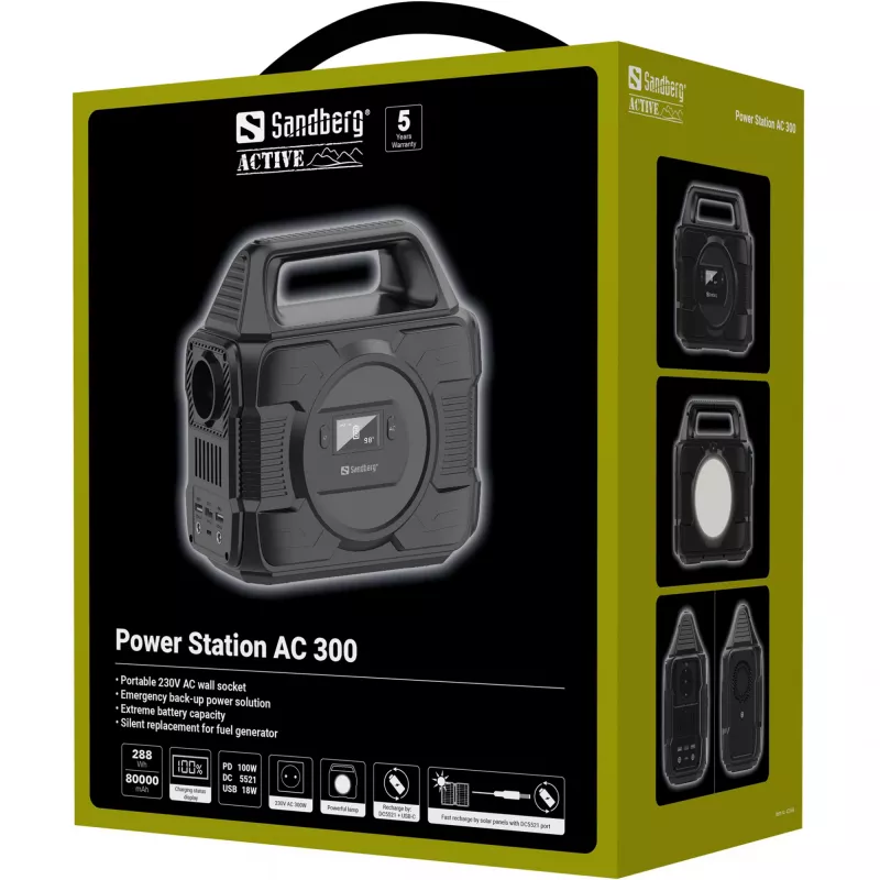 Estação de energia Sandberg AC 300, 80000 mAh, AC, DC, solar, USB, 296 Wh, 300 W, 300 W, 6 A