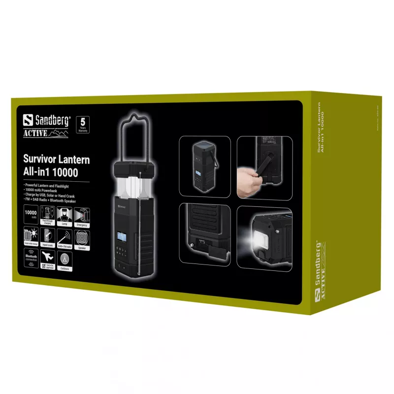 Lanterna de campismo com bateria Sandberg Survivor Lantern All-in1 10000, preto, IPX5, LED, USB C, bateria