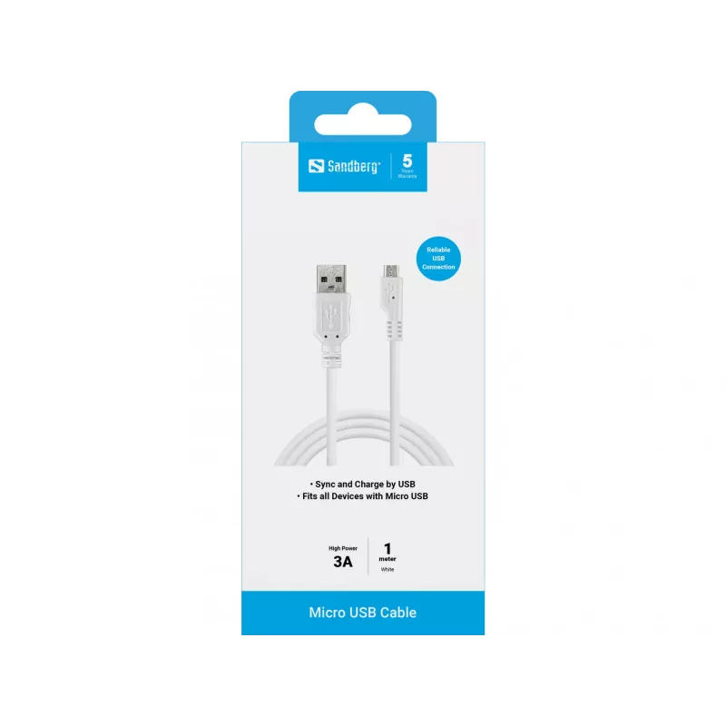 Cabo de carregamento Sandberg USB-A para Micro-USB 1m, 1 m, USB A, Micro-USB B, USB 2.0, ficha/ficha, branco