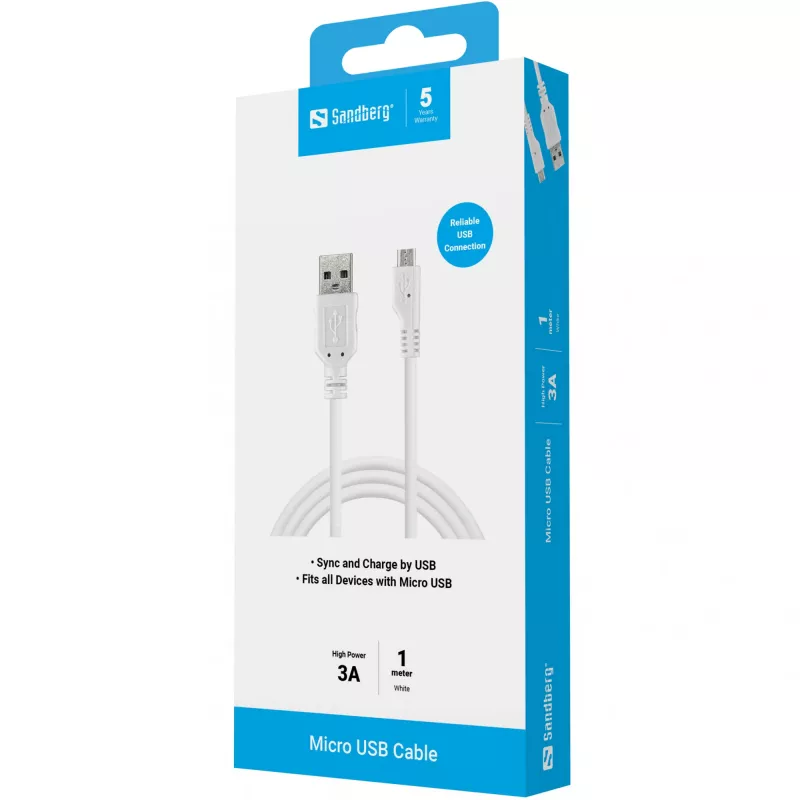 Cabo de carregamento Sandberg USB-A para Micro-USB 1m, 1 m, USB A, Micro-USB B, USB 2.0, ficha/ficha, branco
