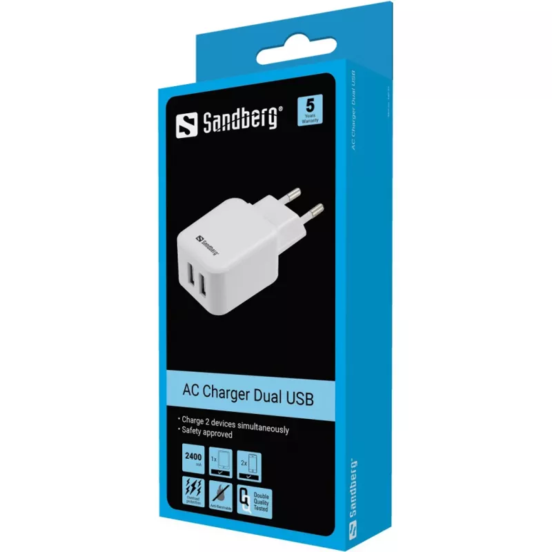 Carregador AC Sandberg Dual USB 2.4+1A EU, interior, AC, USB, 5 V, preto, branco