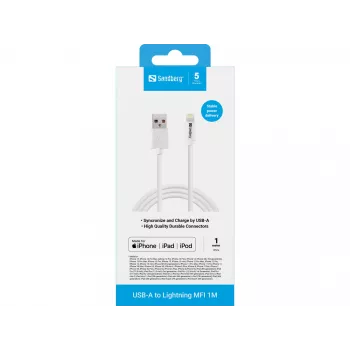 Sandberg USB-A para Lightning MFI 1M, 1 m, Lightning, USB A, branco, reto, reto