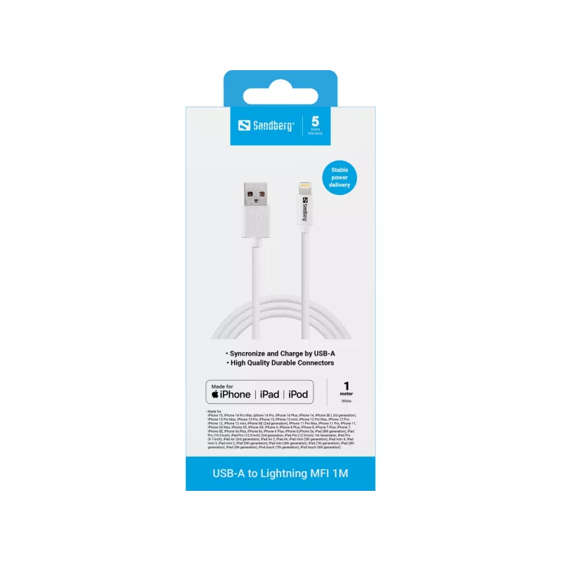 Sandberg USB-A para Lightning MFI 1M, 1 m, Lightning, USB A, branco, reto, reto