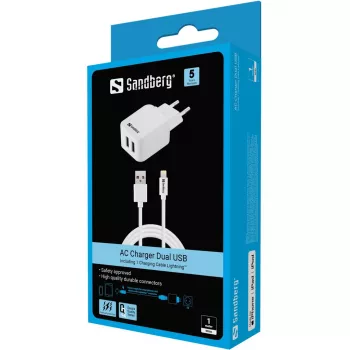 Carregador AC Sandberg EU Lightning 2.4A, interior, AC, 5 V, branco