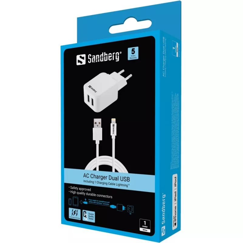 Carregador AC Sandberg EU Lightning 2.4A, interior, AC, 5 V, branco