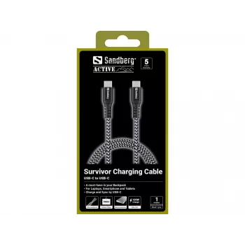 Cabo USB-C Sandberg Survivor 1M 100W, 1 m, USB C, USB C, USB 2.0, preto, cinzento
