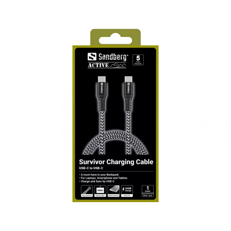 Cabo USB-C Sandberg Survivor 1M 100W, 1 m, USB C, USB C, USB 2.0, preto, cinzento