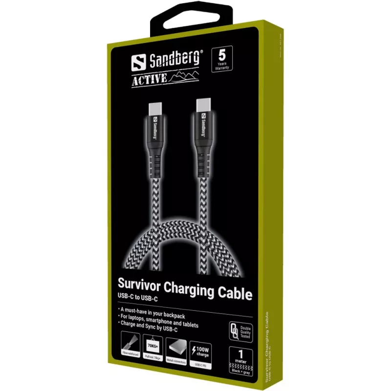 Cabo USB-C Sandberg Survivor 1M 100W, 1 m, USB C, USB C, USB 2.0, preto, cinzento