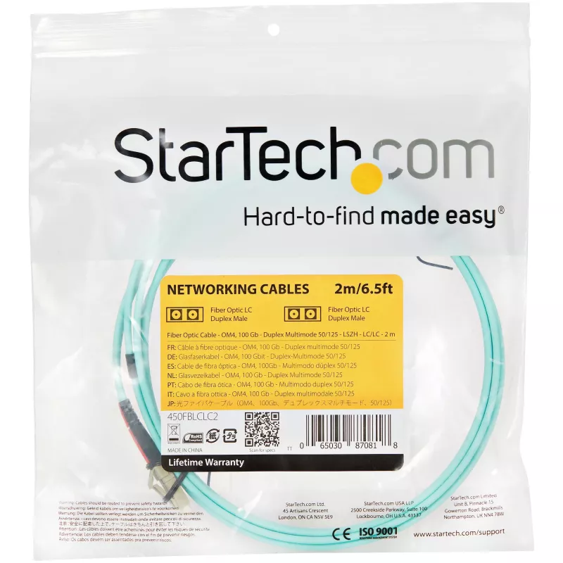Cabo de fibra ótica multimodo StarTech.com 2 m (6 ft) LC/UPC para LC/UPC OM4, fibra zipcord 50/125 µm LOMMF/VCSEL, 100G, baixa atenuação de inserção – cabo patch de fibra ótica LSZH