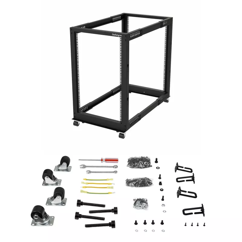 Rack de servidor móvel open-frame StarTech.com 4 postes 18U, rack de rede de 19 polegadas de quatro postes com rodas, rack rolante com profundidade ajustável para equipamento de computador/AV/dados/IT – rodas, pés niveladores ou montagem no chão