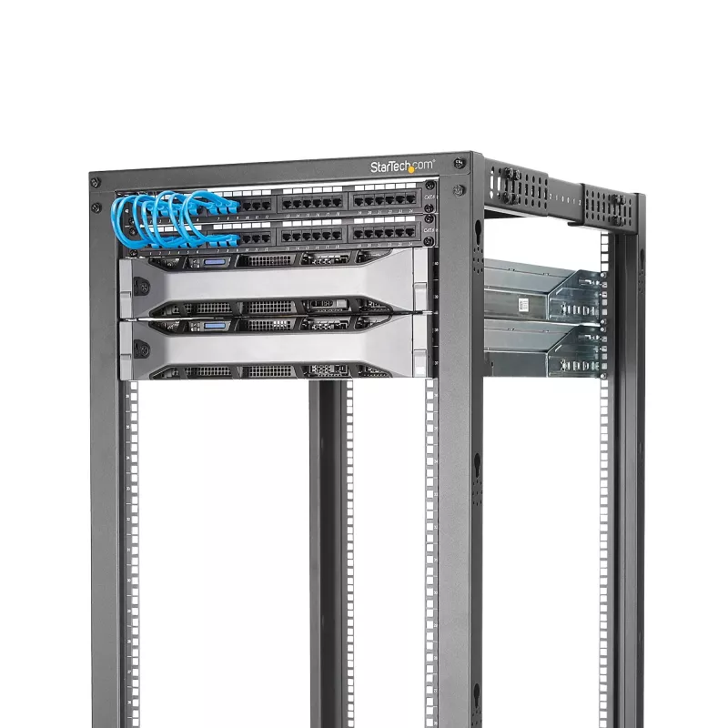 Rack de servidor móvel open-frame StarTech.com 4 postes 25U, rack de rede de 19 polegadas de quatro postes com rodas, rack rolante com profundidade ajustável para equipamento de computador/AV/dados/IT – rodas, pés niveladores ou montagem no chão