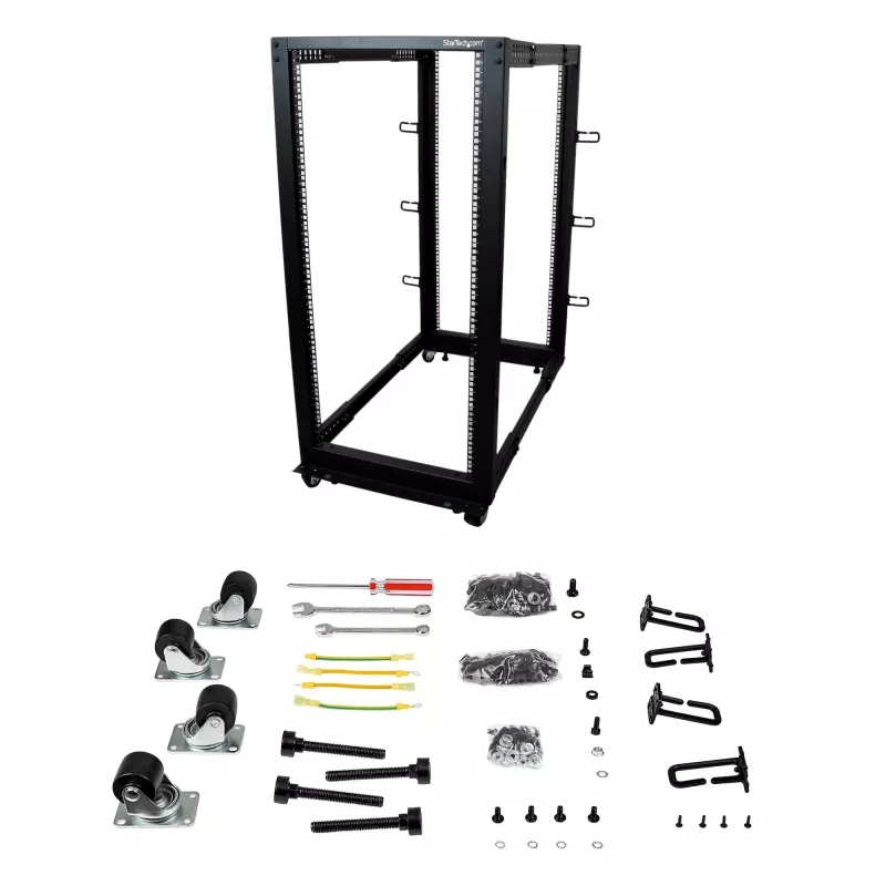 Rack de servidor móvel open-frame StarTech.com 4 postes 25U, rack de rede de 19 polegadas de quatro postes com rodas, rack rolante com profundidade ajustável para equipamento de computador/AV/dados/IT – rodas, pés niveladores ou montagem no chão
