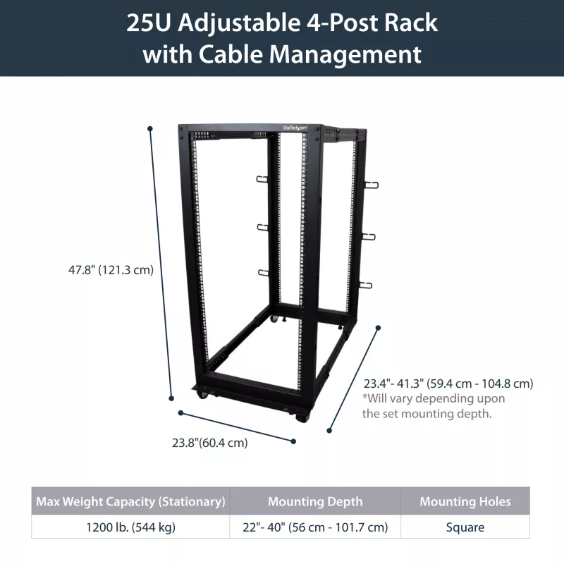Rack de servidor móvel open-frame StarTech.com 4 postes 25U, rack de rede de 19 polegadas de quatro postes com rodas, rack rolante com profundidade ajustável para equipamento de computador/AV/dados/IT – rodas, pés niveladores ou montagem no chão