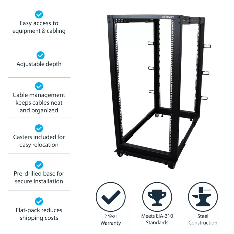 Rack de servidor móvel open-frame StarTech.com 4 postes 25U, rack de rede de 19 polegadas de quatro postes com rodas, rack rolante com profundidade ajustável para equipamento de computador/AV/dados/IT – rodas, pés niveladores ou montagem no chão