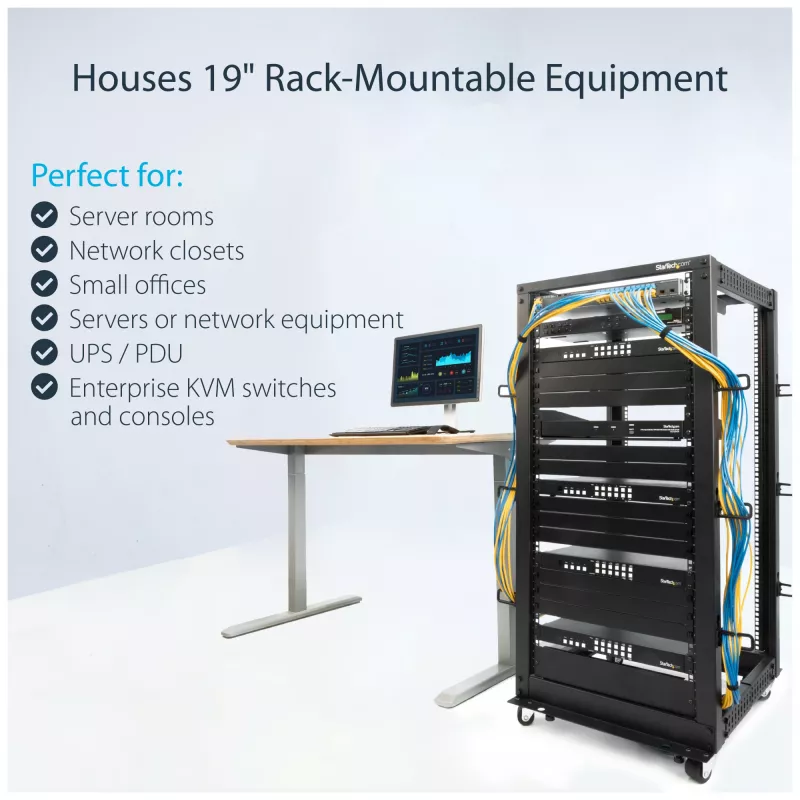 Rack de servidor móvel open-frame StarTech.com 4 postes 25U, rack de rede de 19 polegadas de quatro postes com rodas, rack rolante com profundidade ajustável para equipamento de computador/AV/dados/IT – rodas, pés niveladores ou montagem no chão