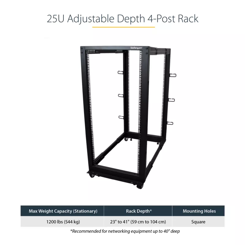 Rack de servidor móvel open-frame StarTech.com 4 postes 25U, rack de rede de 19 polegadas de quatro postes com rodas, rack rolante com profundidade ajustável para equipamento de computador/AV/dados/IT – rodas, pés niveladores ou montagem no chão