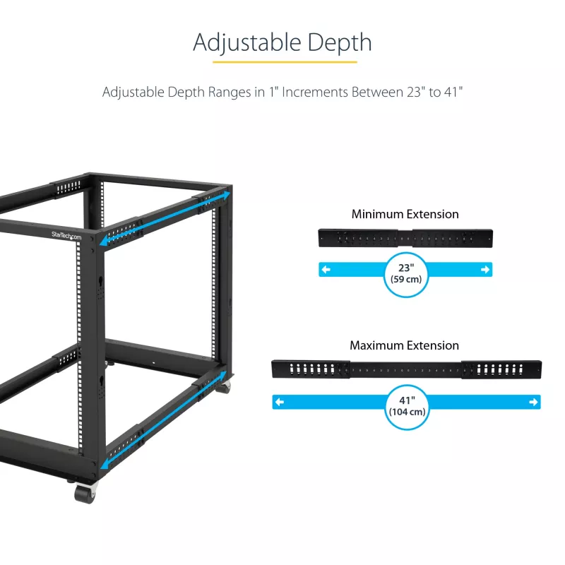 Rack de servidor móvel open-frame StarTech.com 4 postes 25U, rack de rede de 19 polegadas de quatro postes com rodas, rack rolante com profundidade ajustável para equipamento de computador/AV/dados/IT – rodas, pés niveladores ou montagem no chão