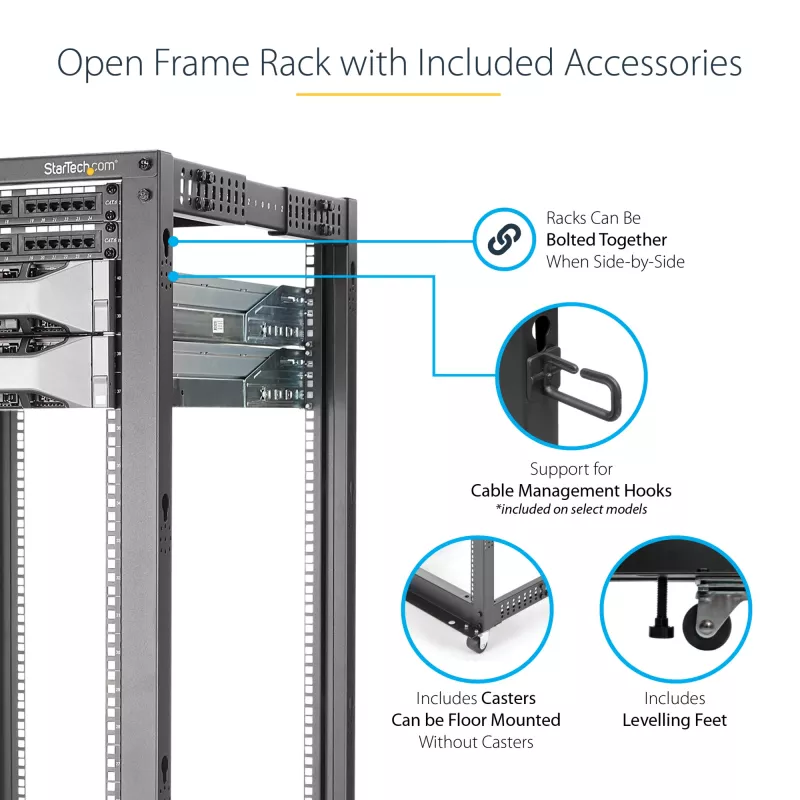 Rack de servidor móvel open-frame StarTech.com 4 postes 25U, rack de rede de 19 polegadas de quatro postes com rodas, rack rolante com profundidade ajustável para equipamento de computador/AV/dados/IT – rodas, pés niveladores ou montagem no chão