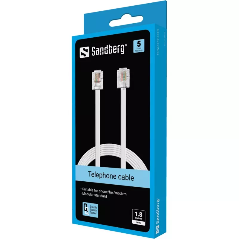 Cabo telefónico Sandberg RJ11-RJ11 1,8 m, 1,8 m, RJ11, RJ11, macho, macho, branco