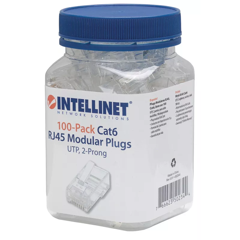 Ficha modular RJ45 Intellinet, Cat6, UTP, 2 dentes, para condutor flexível, contactos banhados a ouro 15 µ, pack de 100