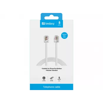 Cabo telefónico Sandberg RJ11-RJ11 5 m, 5 m, RJ11, RJ11, macho, macho, branco