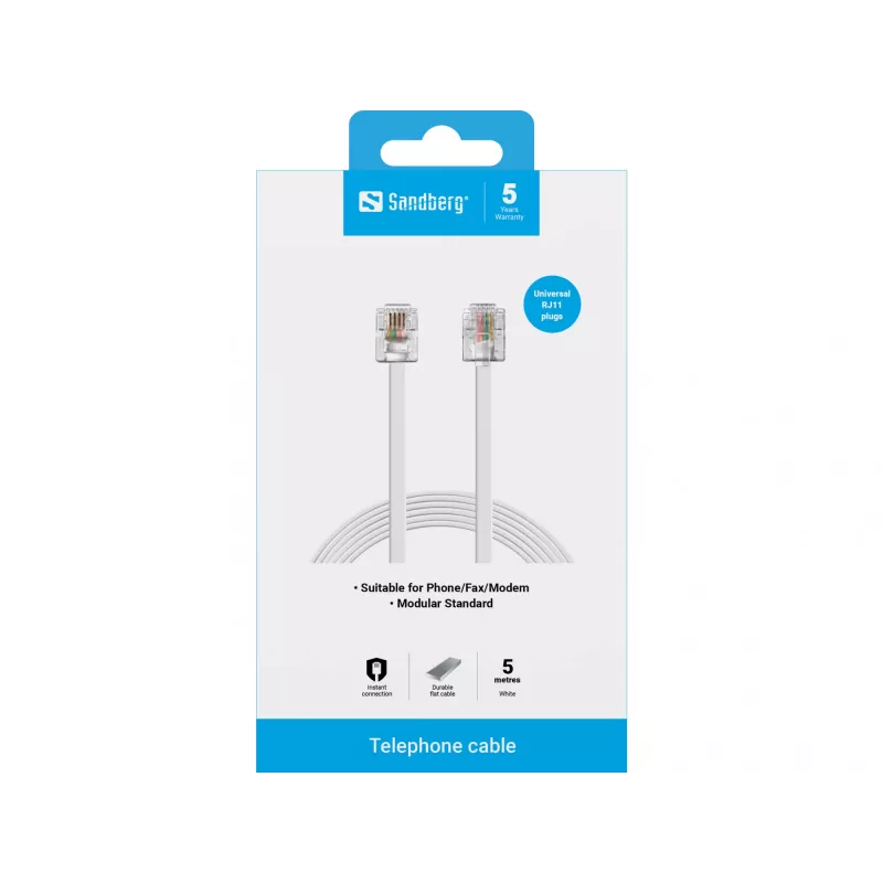 Cabo telefónico Sandberg RJ11-RJ11 5 m, 5 m, RJ11, RJ11, macho, macho, branco