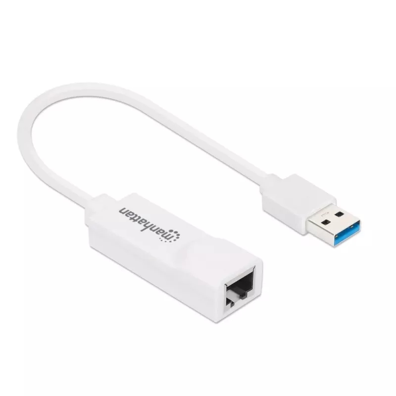 Adaptador de rede Gigabit USB-A Manhattan, branco, rede 10/100/1000 Mbit/s, USB 3.0, Ethernet, RJ45, três anos de garantia, compatível com USB31000SW.
