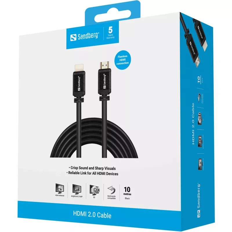Cabo HDMI 2.0 Sandberg 19M-19M, 10 m, HDMI Type-A (Standard), HDMI Type-A (Standard), preto