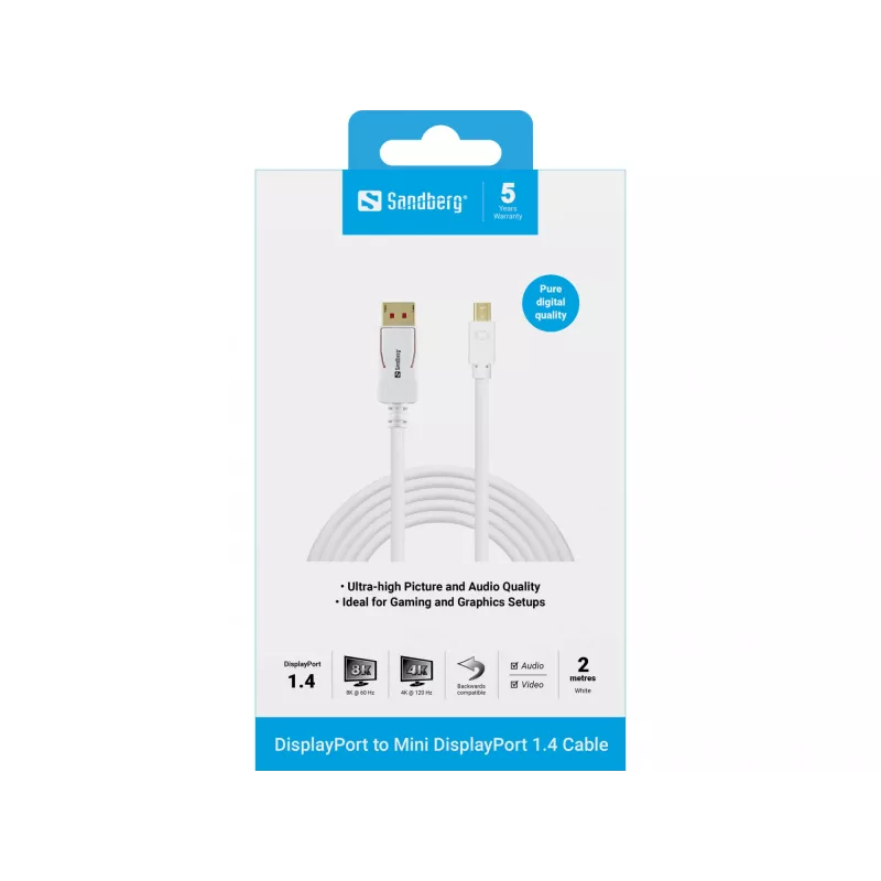 Sandberg 509-17 cabo de DisplayPort para Mini DisplayPort, DP 1.4, 8K 60 Hz (7680 x 4320), 2 m, macho/macho