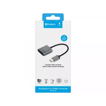 Adaptador Sandberg DisplayPort 1.4 para HDMI 2.0 4K, DisplayPort, HDMI Type-A (Standard), ficha, conector fêmea, 3840 x 2160 píxeis, 6 Gbit/s