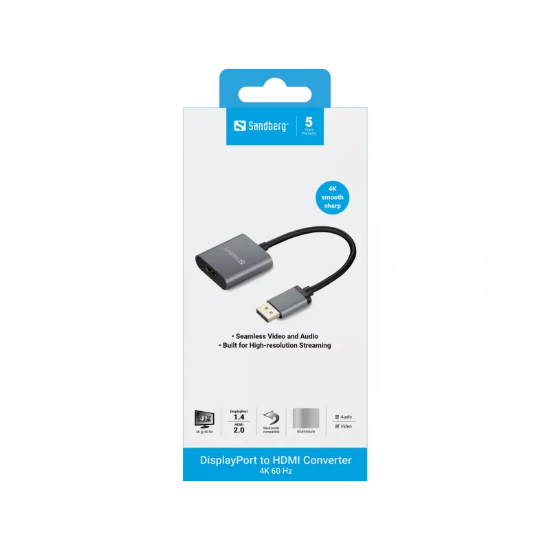 Adaptador Sandberg DisplayPort 1.4 para HDMI 2.0 4K, DisplayPort, HDMI Type-A (Standard), ficha, conector fêmea, 3840 x 2160 píxeis, 6 Gbit/s