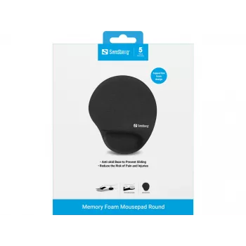 Tapete de rato Sandberg Memory Foam redondo, preto, liso, espuma com memória, apoio de pulso, base antiderrapante