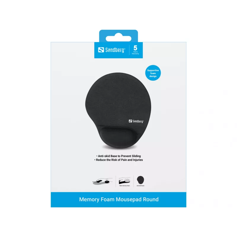 Tapete de rato Sandberg Memory Foam redondo, preto, liso, espuma com memória, apoio de pulso, base antiderrapante
