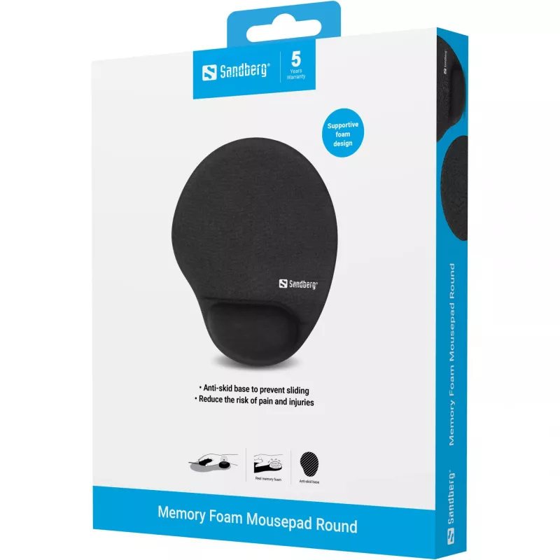 Tapete de rato Sandberg Memory Foam redondo, preto, liso, espuma com memória, apoio de pulso, base antiderrapante