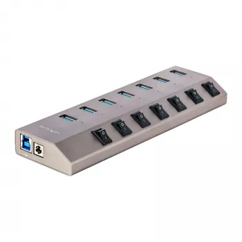 Hub USB-C de 7 portas autoalimentado StarTech.com com interruptores individuais on/off, hub de expansão USB 3.0 5Gbps com fonte de alimentação, hub USB-C para USB-A para secretária/portátil, hub USB Type-C com BC 1.2