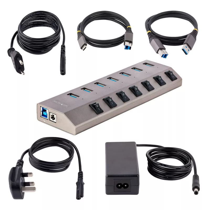 Hub USB-C de 7 portas autoalimentado StarTech.com com interruptores individuais on/off, hub de expansão USB 3.0 5Gbps com fonte de alimentação, hub USB-C para USB-A para secretária/portátil, hub USB Type-C com BC 1.2