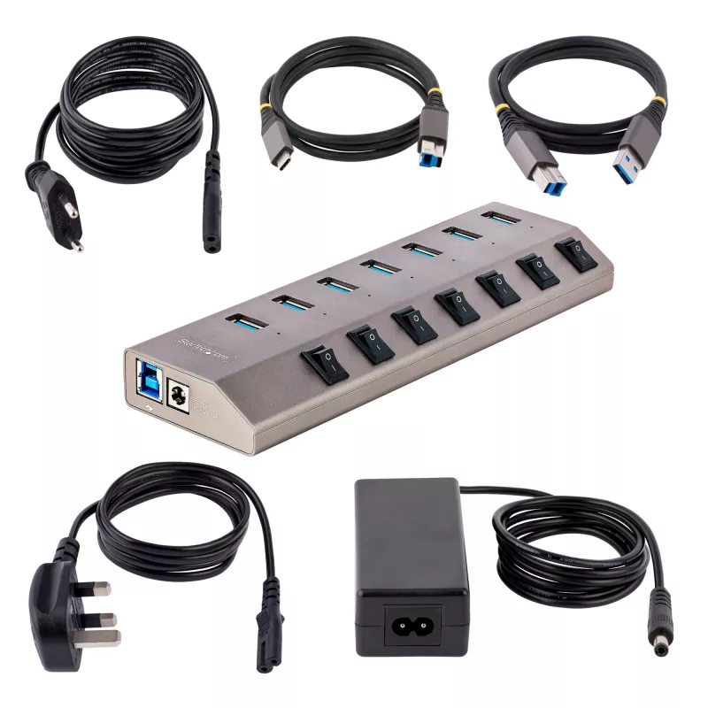 Hub USB-C de 7 portas autoalimentado StarTech.com com interruptores individuais on/off, hub de expansão USB 3.0 5Gbps com fonte de alimentação, hub USB-C para USB-A para secretária/portátil, hub USB Type-C com BC 1.2