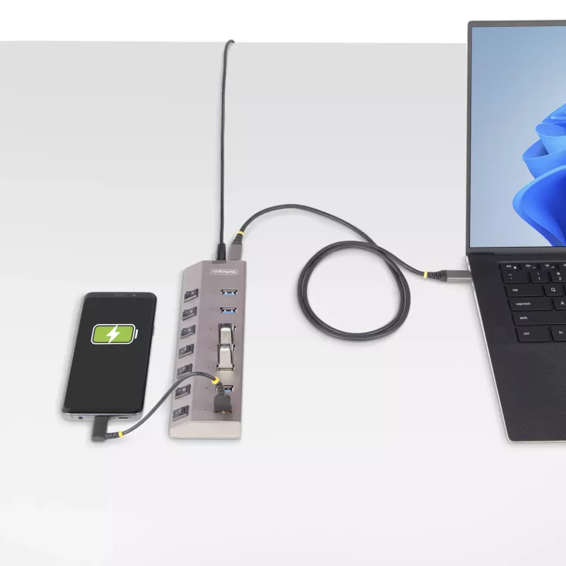 Hub USB-C de 7 portas autoalimentado StarTech.com com interruptores individuais on/off, hub de expansão USB 3.0 5Gbps com fonte de alimentação, hub USB-C para USB-A para secretária/portátil, hub USB Type-C com BC 1.2