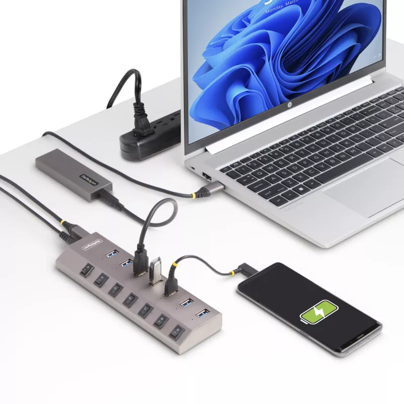 Hub USB-C de 7 portas autoalimentado StarTech.com com interruptores individuais on/off, hub de expansão USB 3.0 5Gbps com fonte de alimentação, hub USB-C para USB-A para secretária/portátil, hub USB Type-C com BC 1.2
