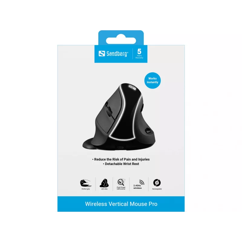 Rato vertical sem fios Sandberg Wireless Vertical Mouse Pro, destro, design vertical, ótico, RF Wireless, 1600 DPI, preto