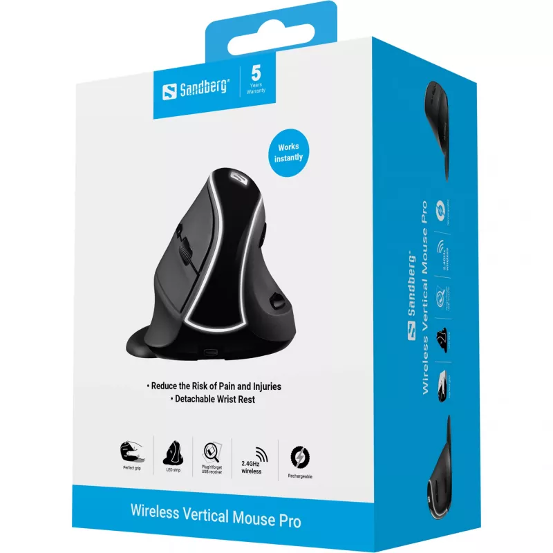 Rato vertical sem fios Sandberg Wireless Vertical Mouse Pro, destro, design vertical, ótico, RF Wireless, 1600 DPI, preto