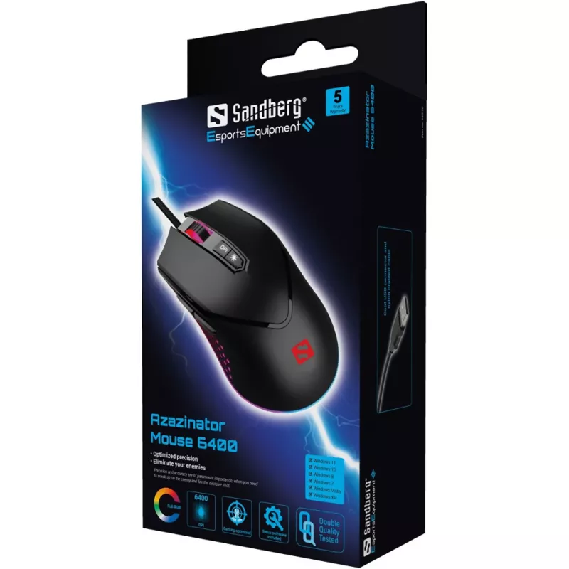 Rato Sandberg Azazinator 6400, destro, USB Type-A, 6400 DPI, preto
