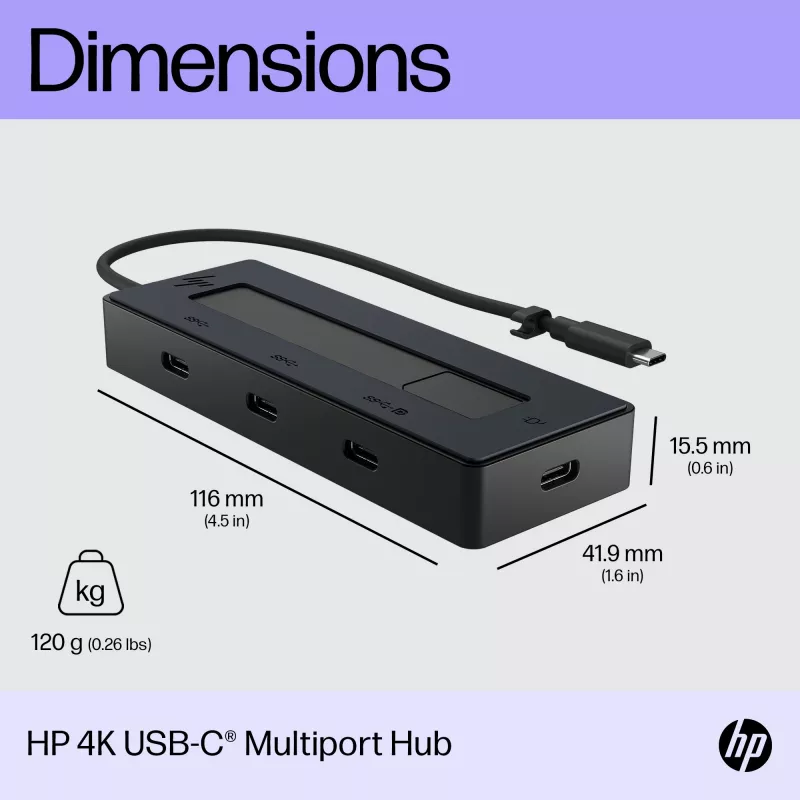 Hub Multiporta HP 4K USB-C, USB Type-C, USB 3.2 Gen 2 (3.1 Gen 2) Type-C, 10000 Mbit/s, Preto, 4K Ultra HD, China